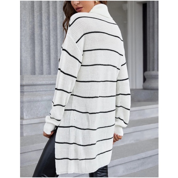 Cozy Stripes Turtleneck Slit Oversized Sweater Top - Picture 6 of 7